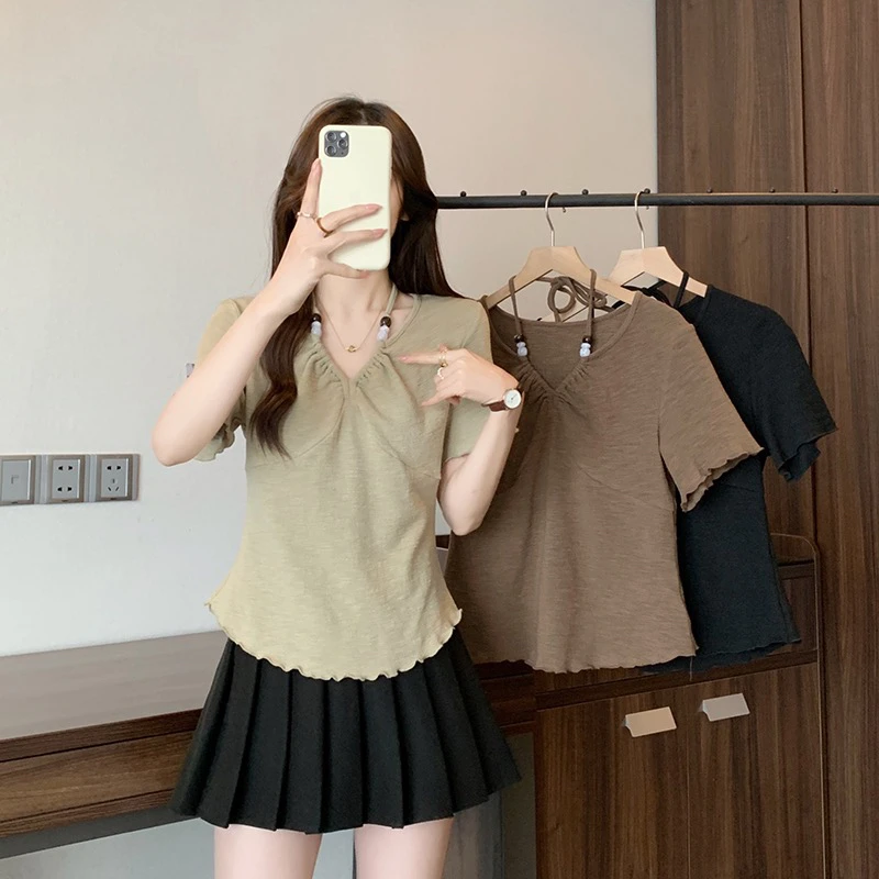 实拍2025夏装新款胖mm大码女甜美设计感串珠挂脖木耳边短袖T恤