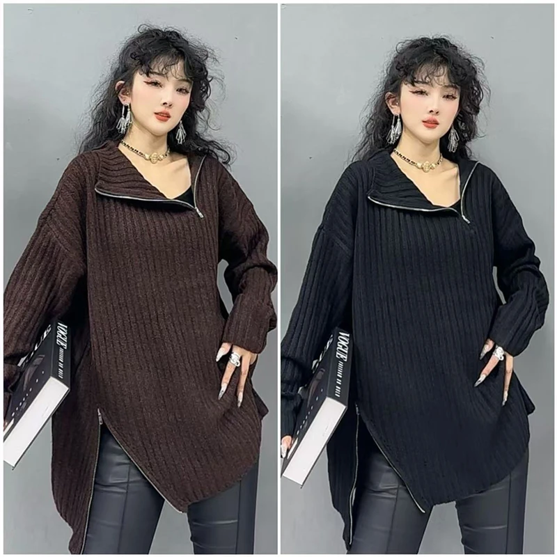 秋冬时尚侧边拉链毛衣女2024新款慵懒风宽松针织衫ins上衣-818