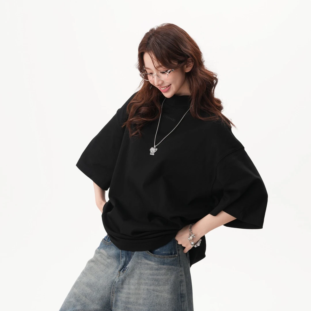 美式复古半高领刺绣字母短袖T恤