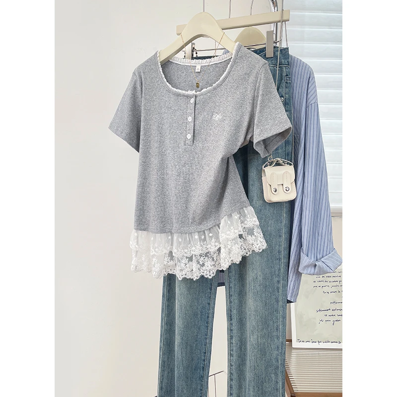 法式夏日甜美独特别致温柔风蕾丝拼接圆领短袖T恤刺绣设计感上衣