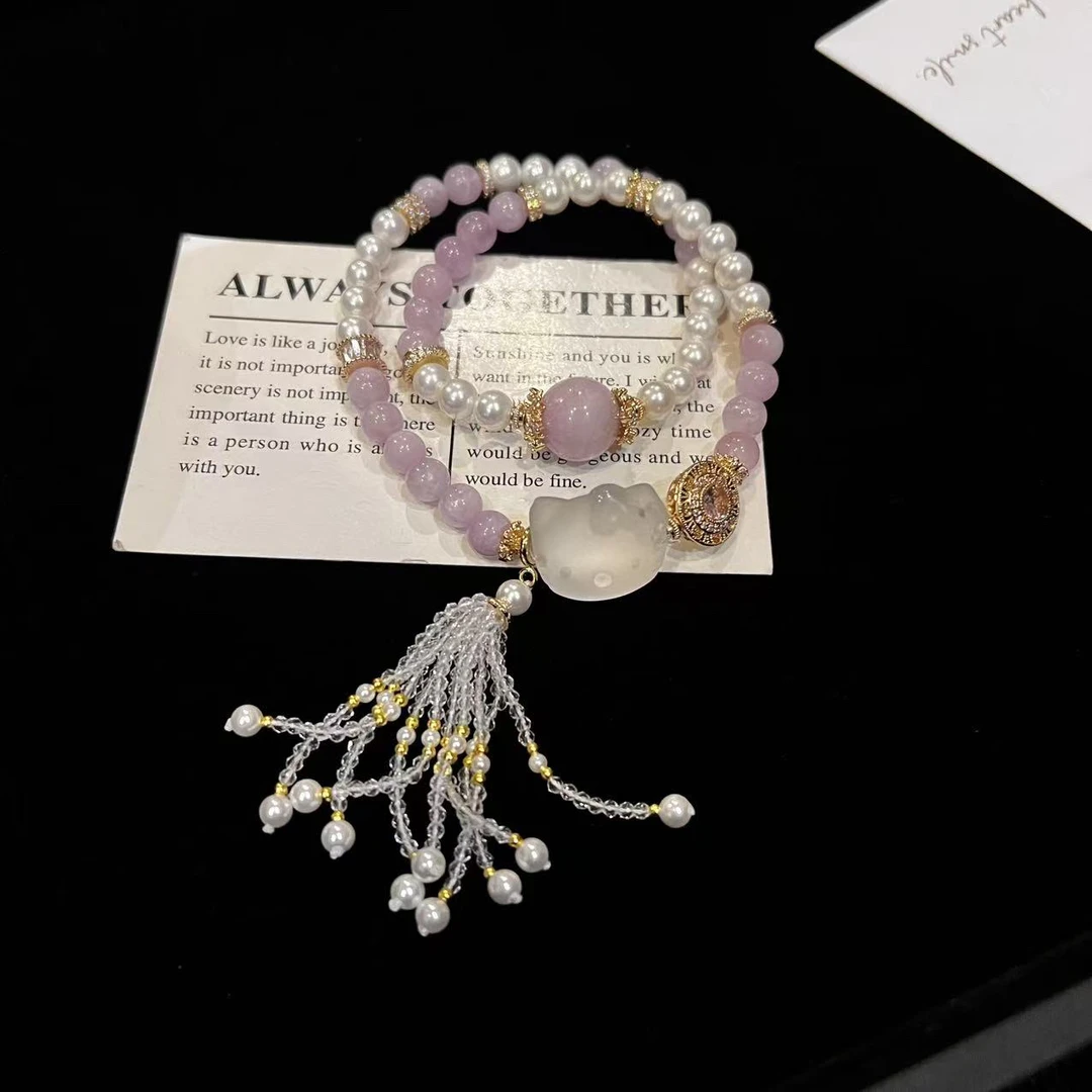 F791 6mm紫锂辉施加珠珠设计款双圈手串 多样性发一