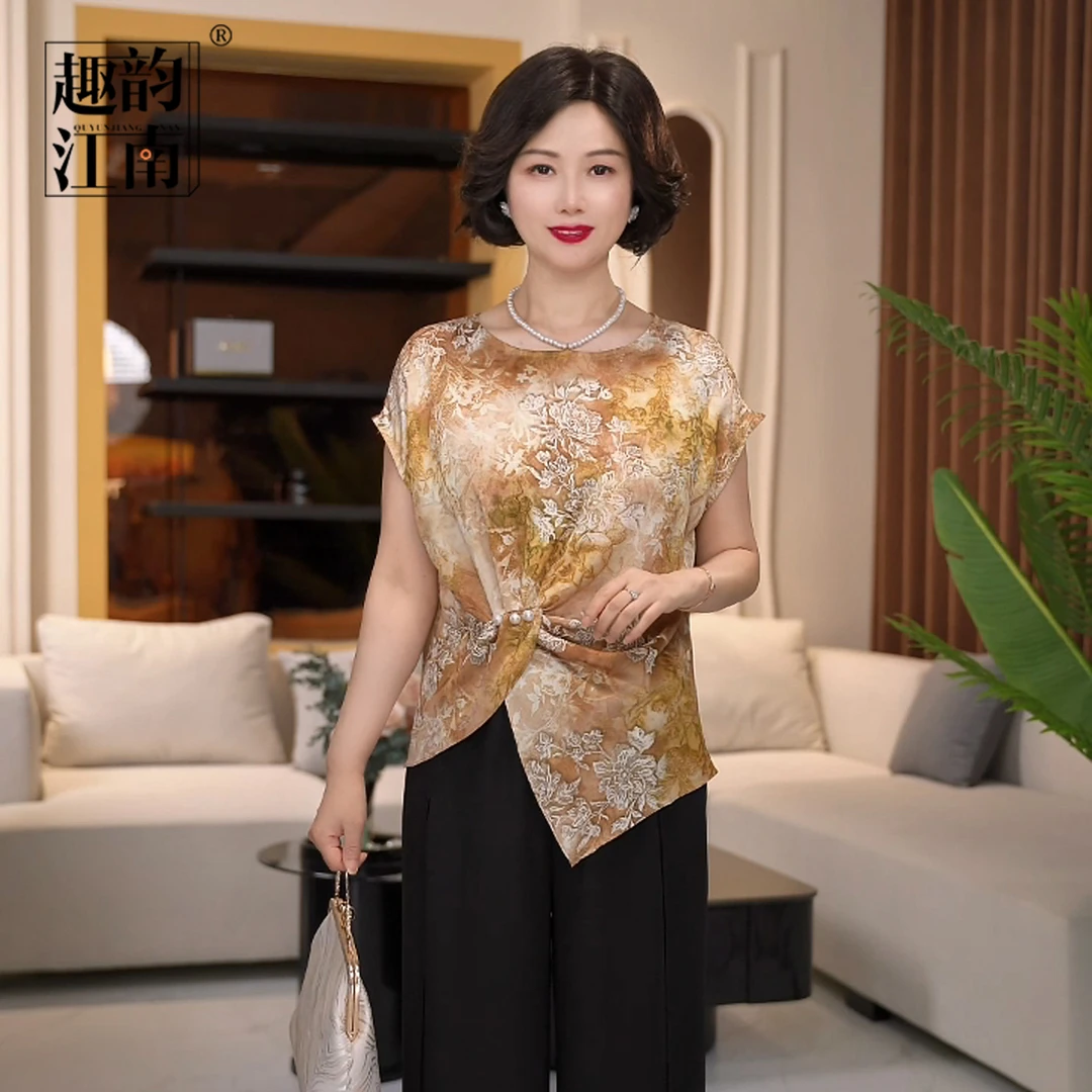 趣韵江南新中式刺绣提花中老年抽褶女装2025国风夏季新款套装