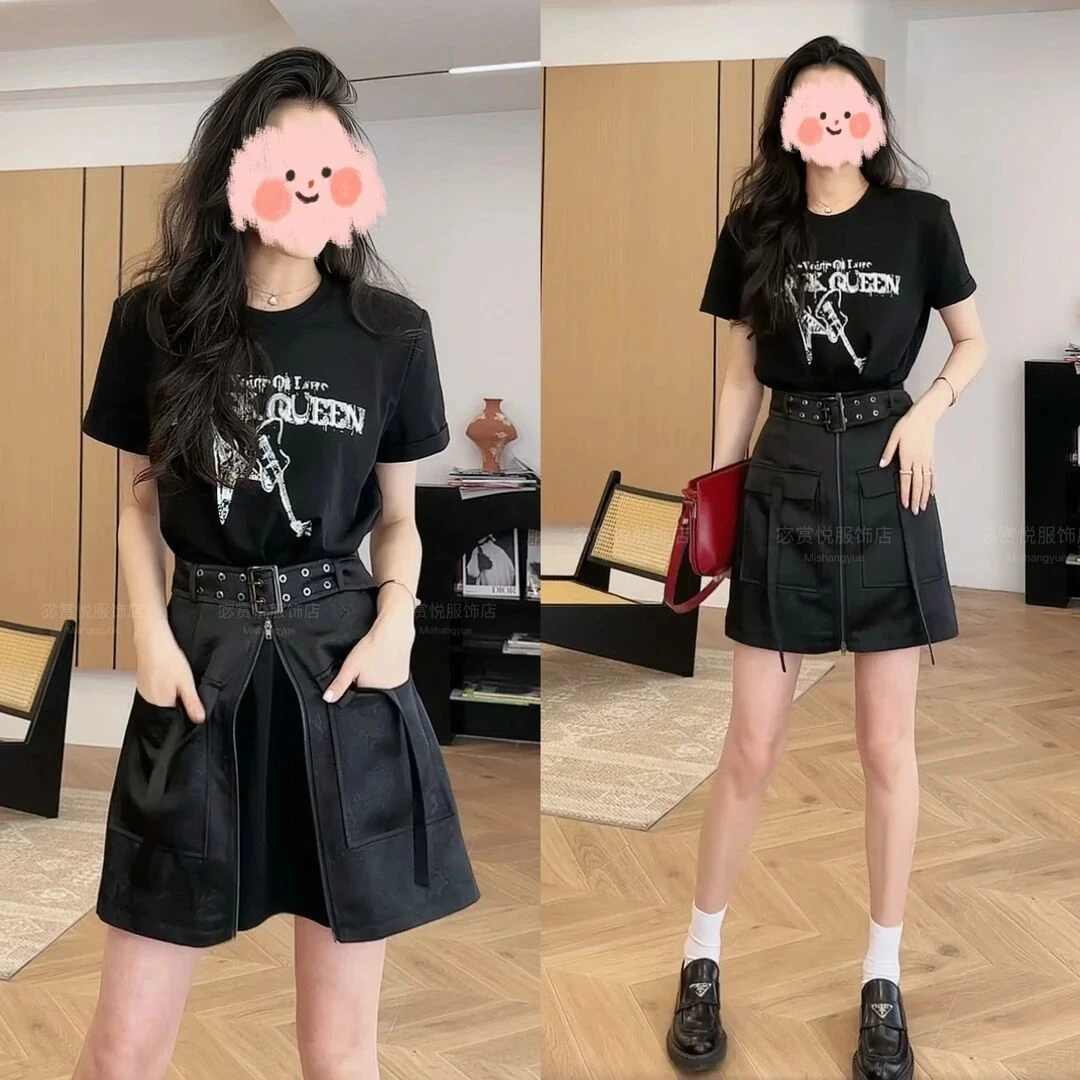 圆领夏季欧美风丹宁风拉链连衣裙牛仔时尚休闲设计感时尚套装