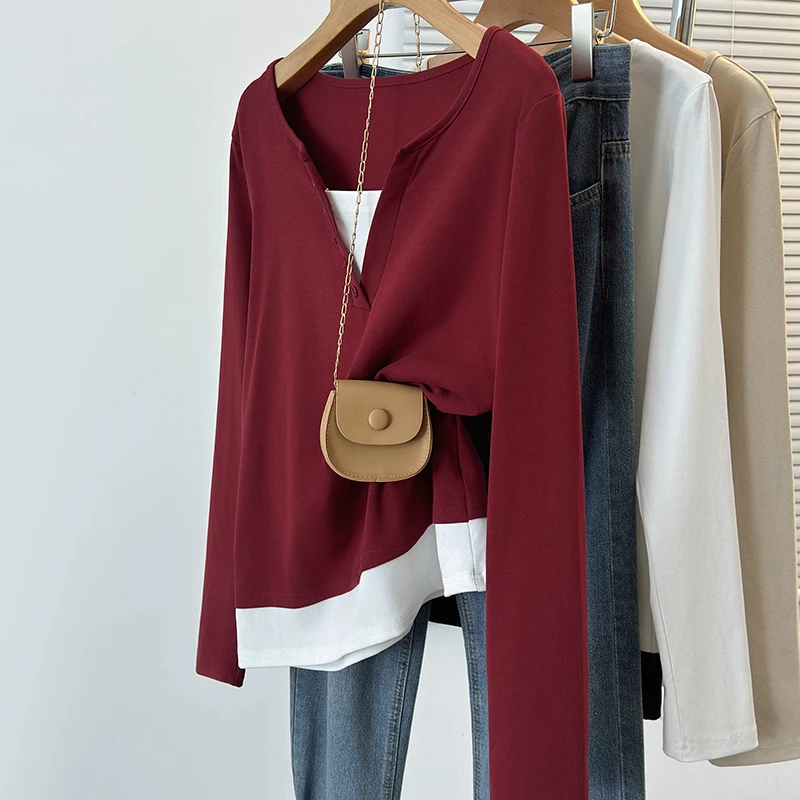 撞色假两件长袖t恤女早秋胖mm大码秋冬薄内搭显瘦打底衫外穿上衣