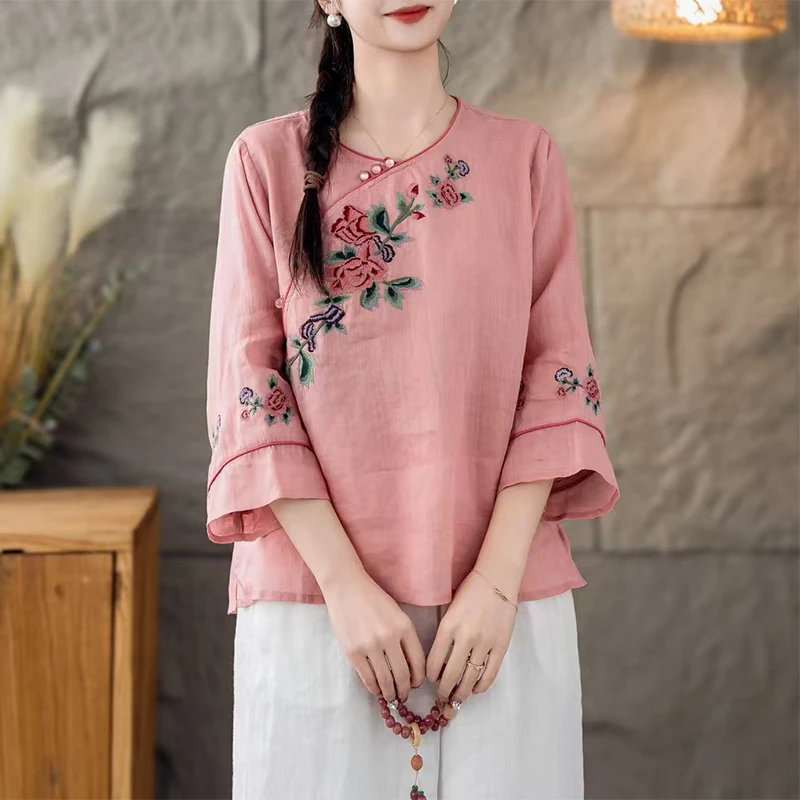 新款苎麻重工刺绣衬衣女装国风文艺上衣衬衫