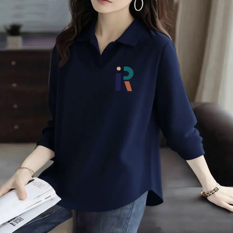 2025春秋冬新款POLO领小众100%纯棉设计感弧形上衣长袖女士打底衫