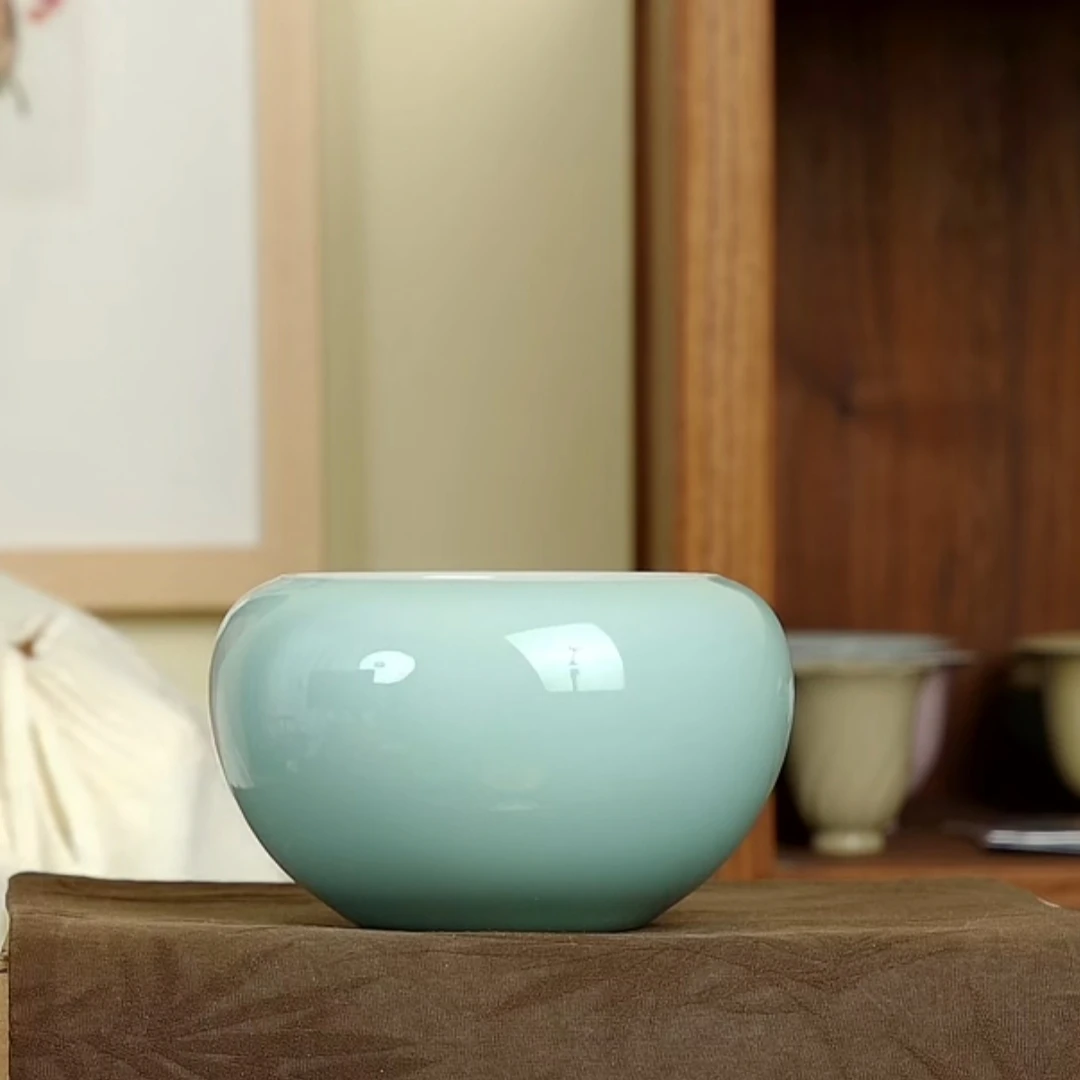 粉青建水摆件花器茶洗周贝龙泉青瓷500ml高档纯手工中式天青色