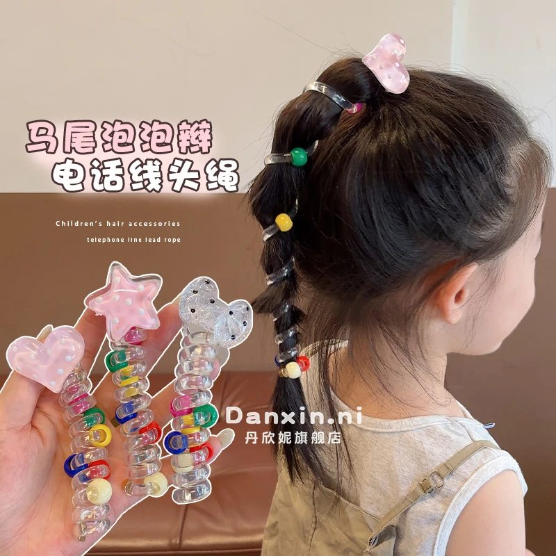 儿童电话线发圈女童泡泡辫发绳2025款女孩扎马尾编发神器发饰头饰