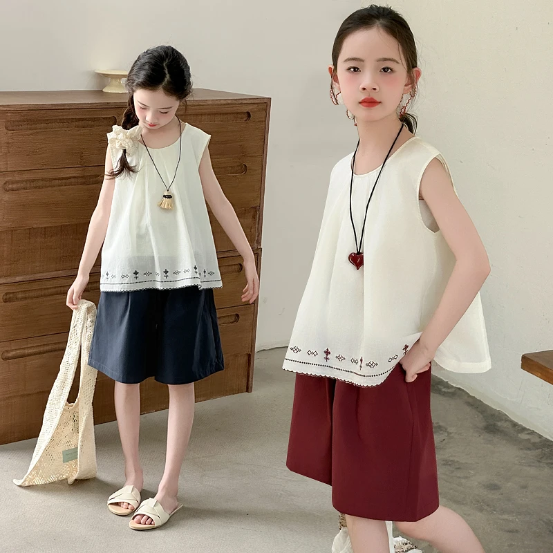 女童夏季套装2025新款洋气大童夏装女孩纯棉中国风背心短裤两件套