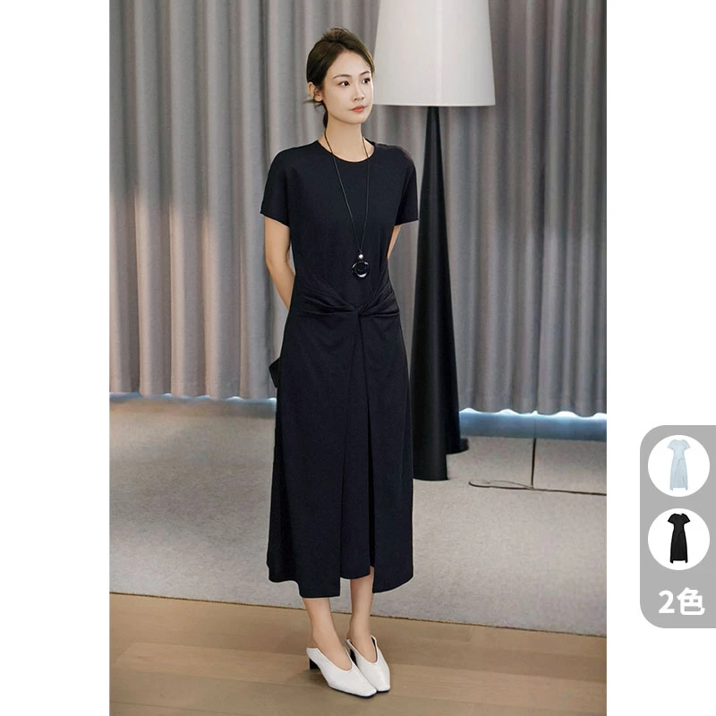 A美洋MEIYANG 翻花连衣裙【商场同款】进口三醋酸垂坠圆领短袖-周一