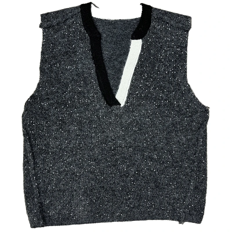 Dan Dan 深灰色彩点纱线V领针织背心马夹女