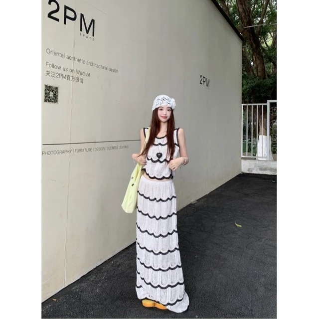 度假风套装女钩花镂空撞色无袖背心新款夏季垂感长裙半身裙两件套