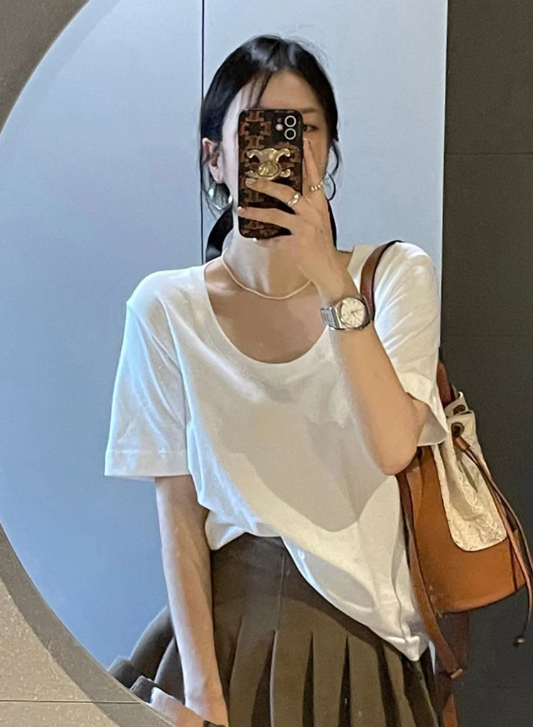 痞帅炸街风女装2025新款白色短袖t恤夏季宽松U领纯色小个子上衣潮