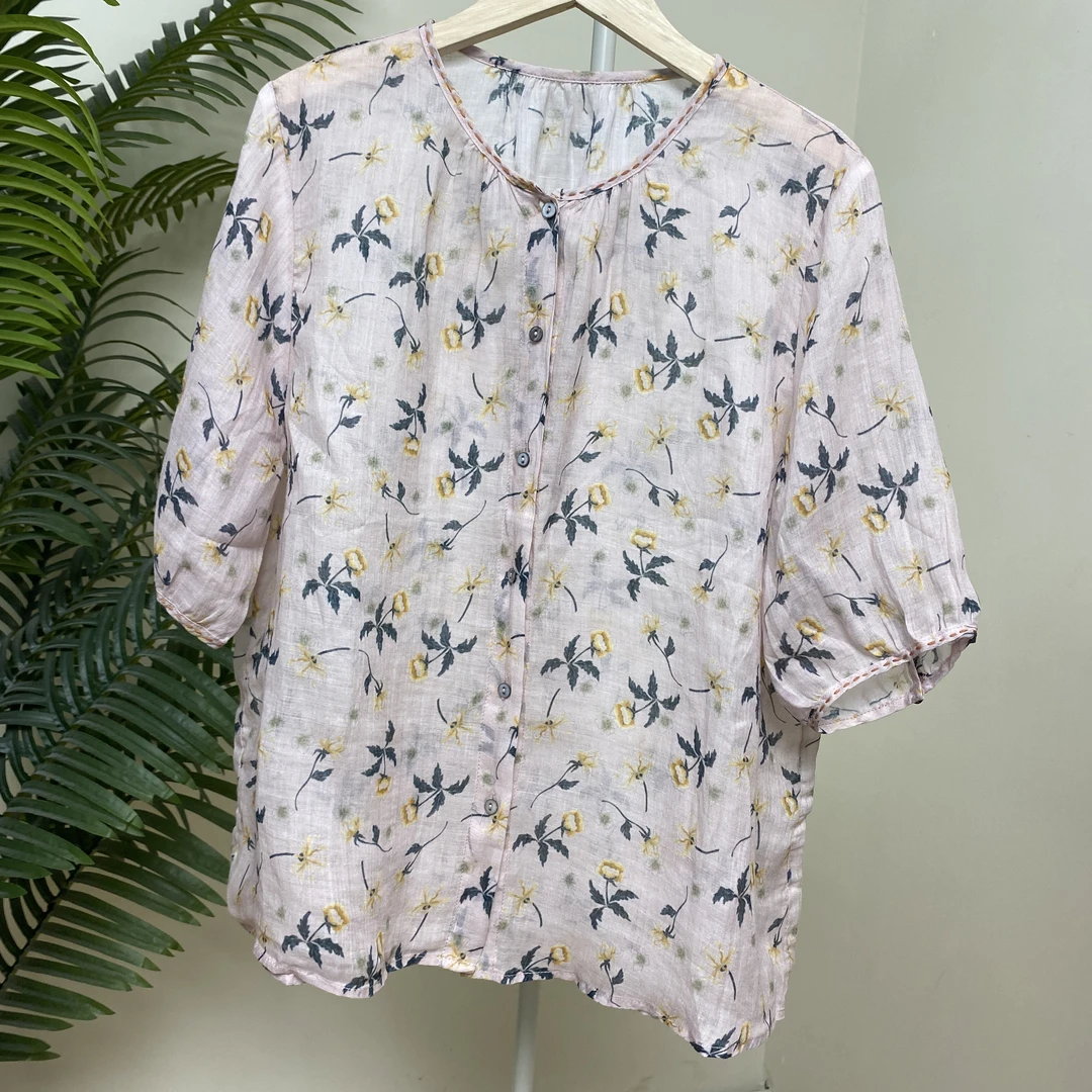 【圆领黄花粉底印花苎麻衬衫】3926