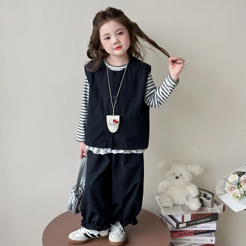 女童2025秋季百搭中小童新款马甲套装儿童条纹T恤工装裤马甲套装