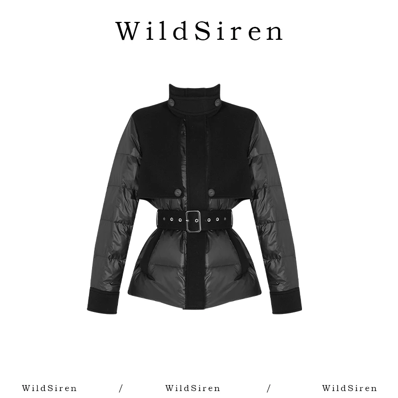 【Wildsiren】秋冬保暖黑色收腰毛呢拼接羽绒服370140