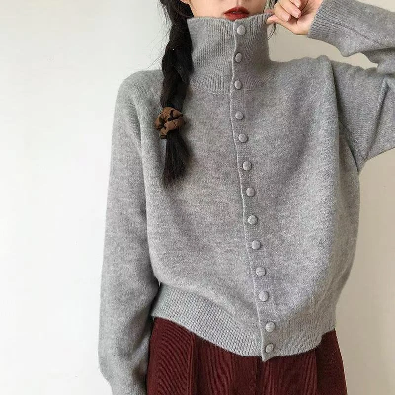 【苏苏专属】跟色扣子慵懒风宽松型女高领毛针织衫高领针织衫时尚