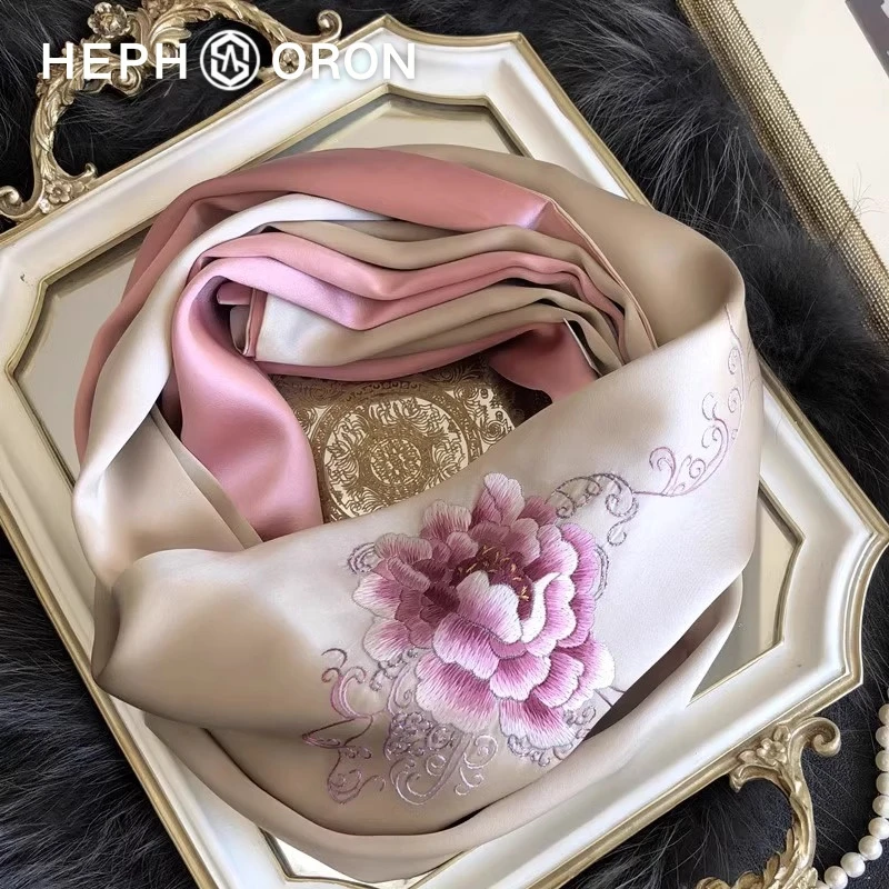 HEPHSORON苏绣丝巾礼盒送妈妈紫色牡丹刺绣桑蚕丝真丝丝巾礼盒装