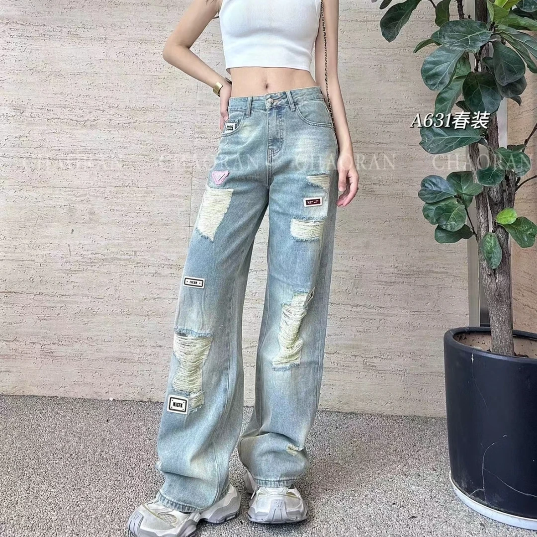 超然2025新款破洞牛仔裤时尚设计感显瘦阔腿裤百搭长裤A631