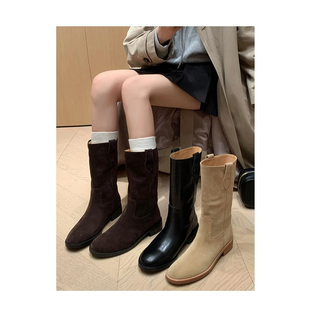 意大利Corso Venezia~纯皮骑士靴女宽松显瘦直筒低粗跟百搭西部靴