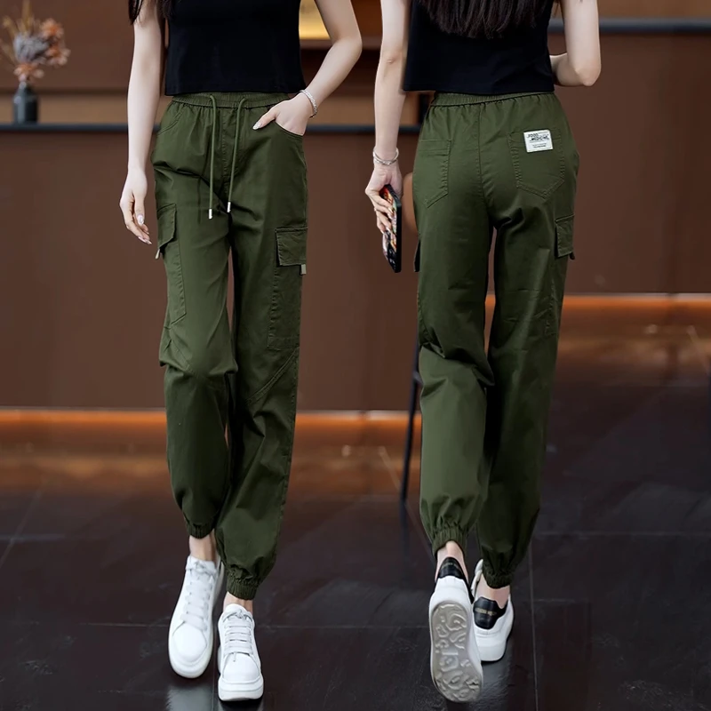 军绿色长裤户外大码夏季工装裤休闲裤多口袋高腰时尚宽松薄款直筒