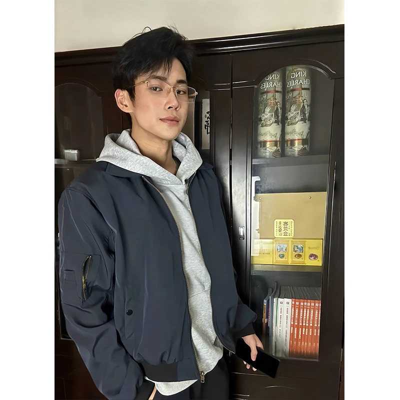 藏青色美式飞行夹克外套男春秋季短款cleanfit痞帅翻领潮牌棒球服