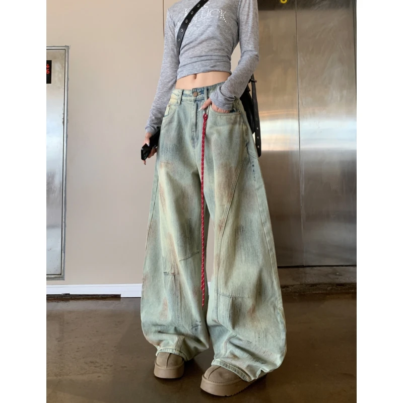 【男女同款】美式复古脏染做旧弯刀牛仔裤秋季新款宽松阔腿拖地长裤