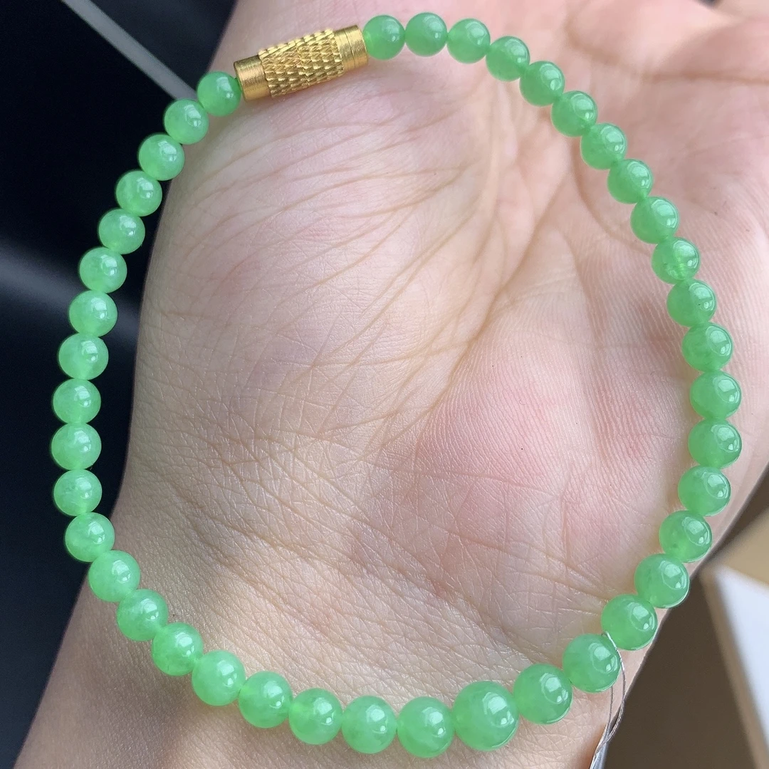 缅甸A货翡翠冰阳绿色小米圆珠手链手串单圈T卡3.8-5.2mm