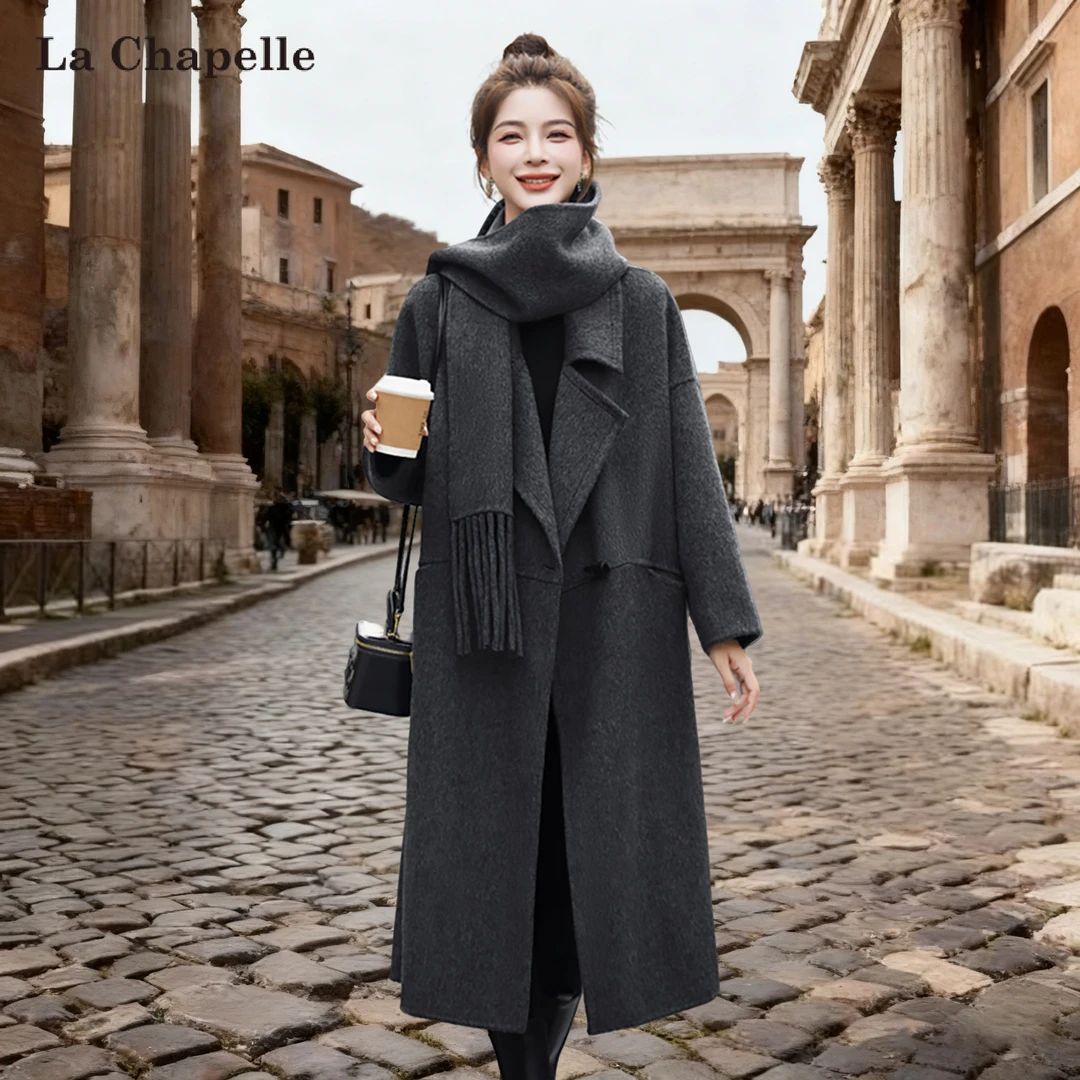 拉夏贝尔厚款女时尚毛呢外套呢子大码绵羊毛宽松休闲风中长款