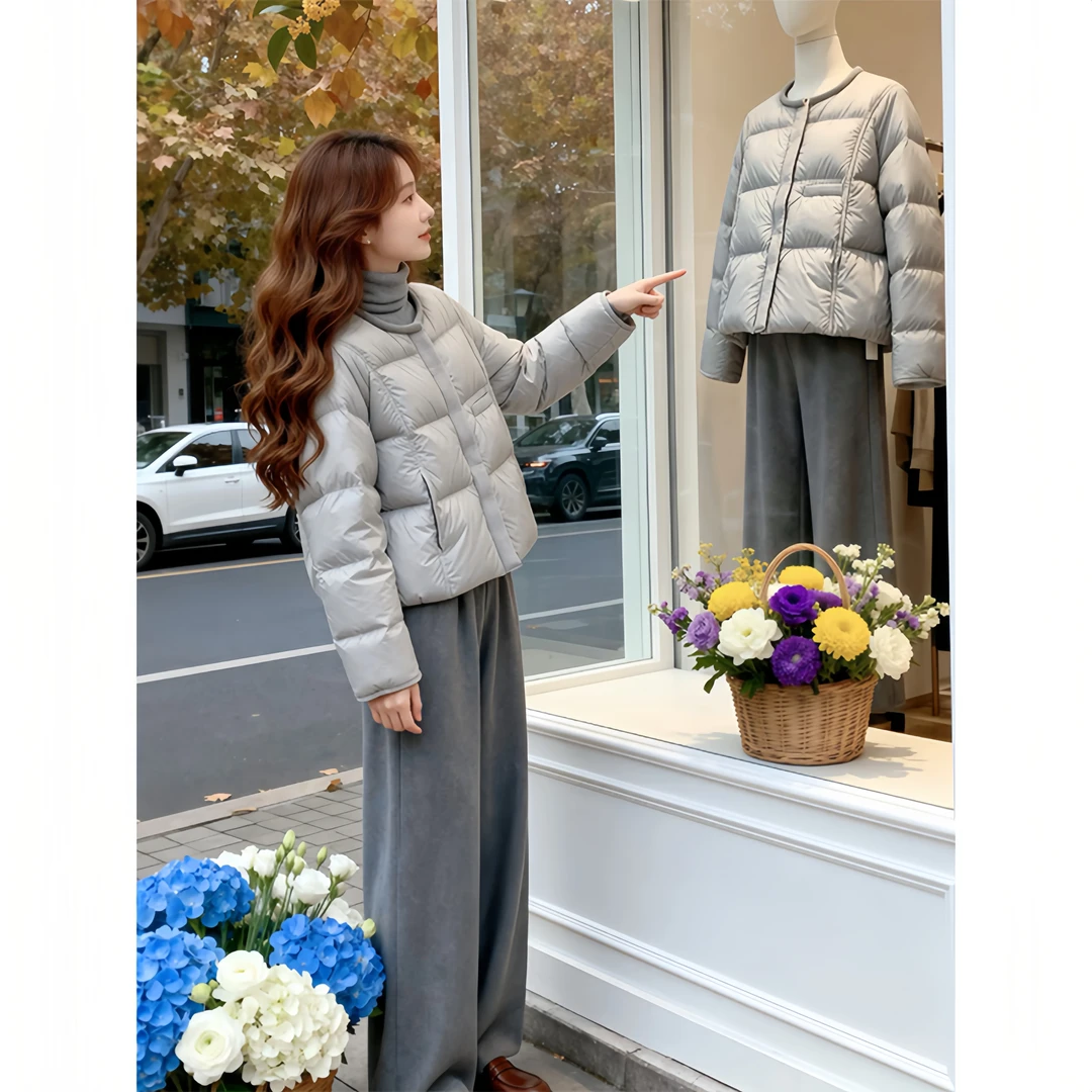 潮牌女装短款圆领棉服女2025冬季新款纯色简约风保暖棉衣外套女款