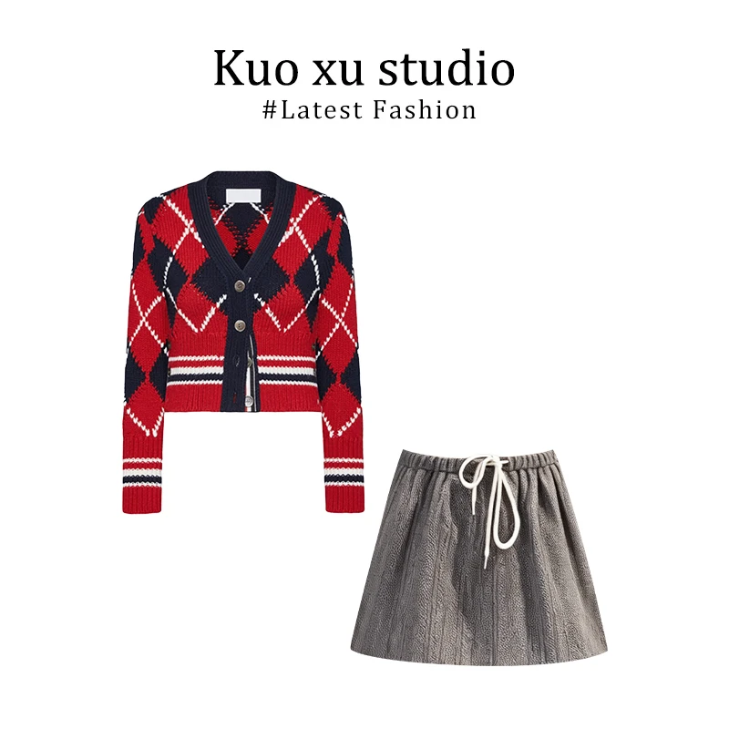 秋冬季红色复古菱格针织开衫女圣诞毛衣外套长袖上衣宽松休闲短裙