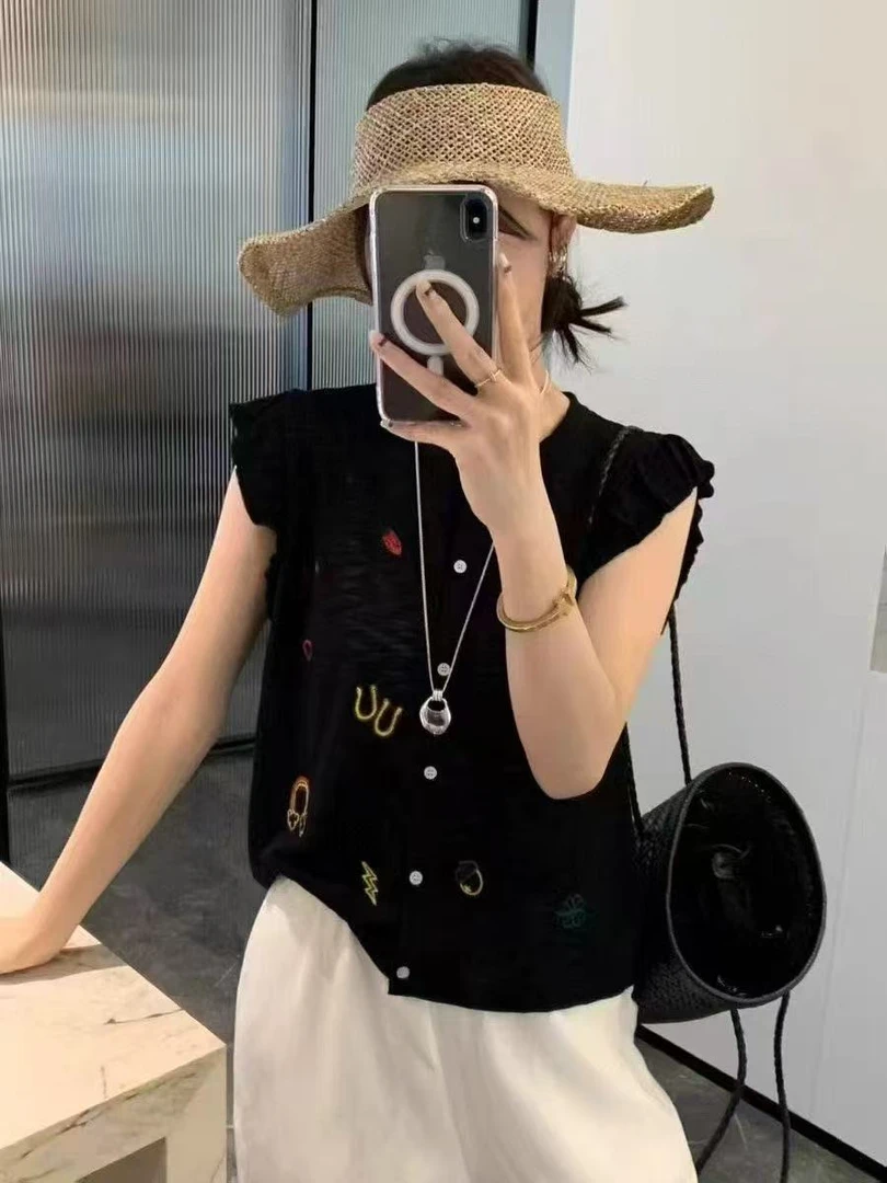 欧货时尚气质刺绣开衫无袖花边针织背心夏天百搭T恤上衣女