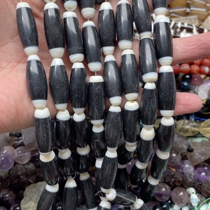 玛瑙/玉髓合金珠宝半成品一条11x30mm黑曜贝壳桶珠