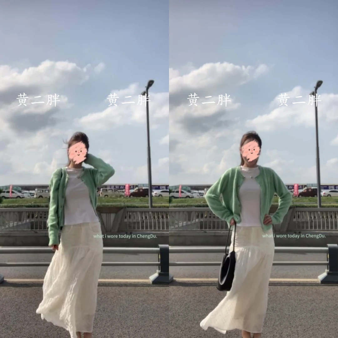 绿色短款针织毛衣开衫女秋季韩系小香风千金感上衣+半身裙两件套