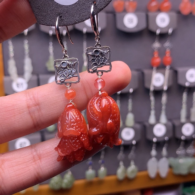 【闪购商品】南红玛瑙耳饰银S925镶嵌朝****苑