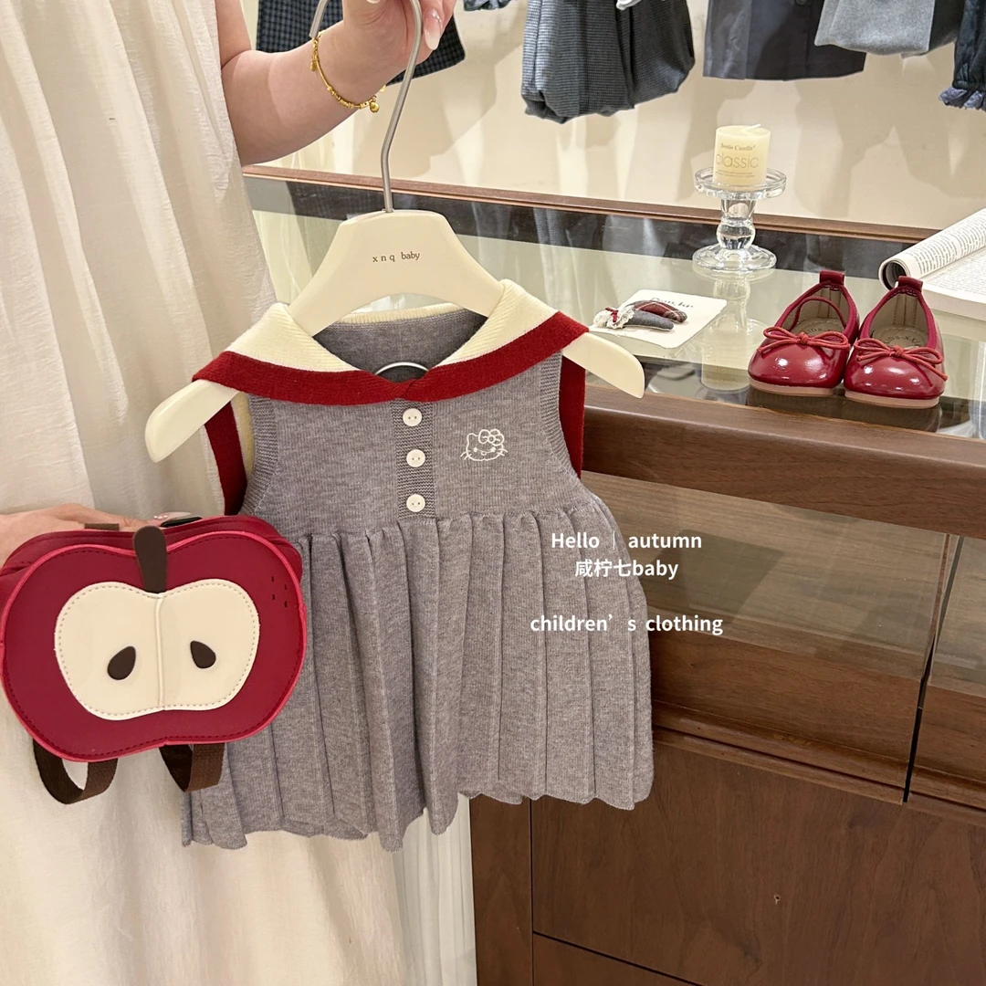 【咸柠七】乖乖女！女宝宝学院风连衣裙秋季洋气毛衣背心裙百褶裙子