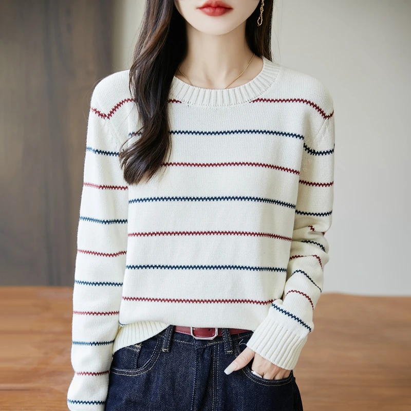 100%纯棉加厚女套头针织衫毛针织衫上衣法式彩虹条纹针织上衣条纹