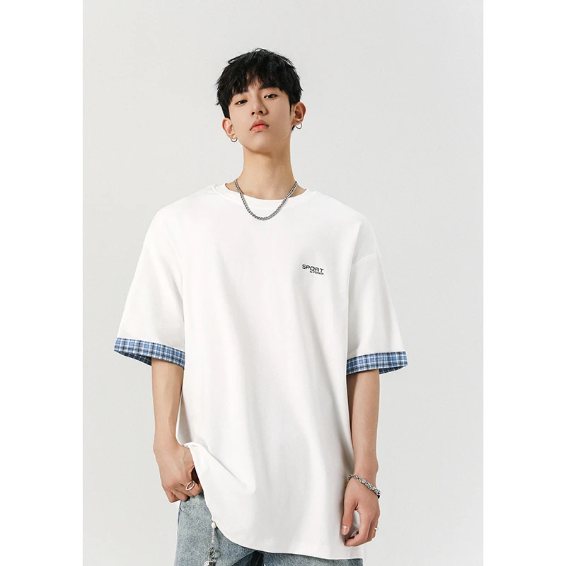 美式格纹拼接短袖t恤男生2025新款夏季宽松休闲潮牌五分袖上衣服