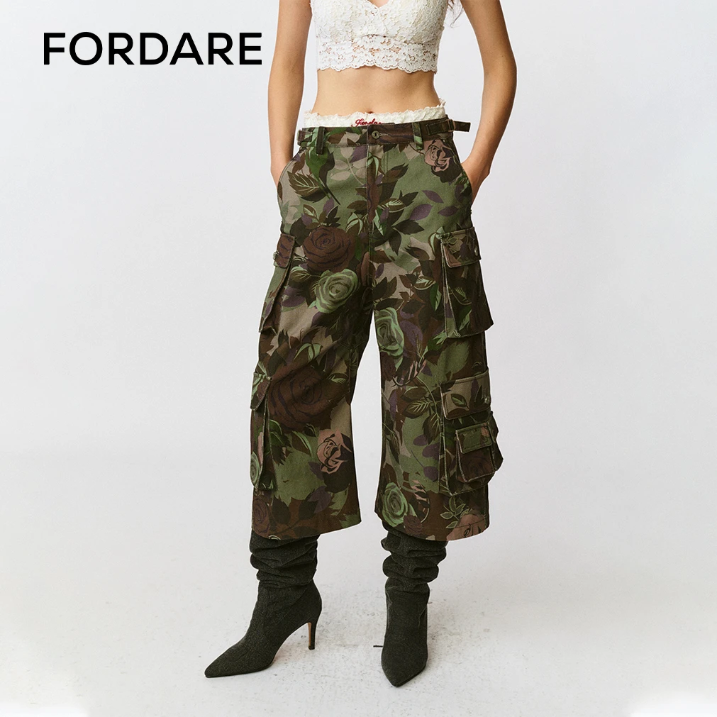 FORDARE福蝶 25早秋新品 蕾丝腰头迷彩工装九分裤休闲宽松1543