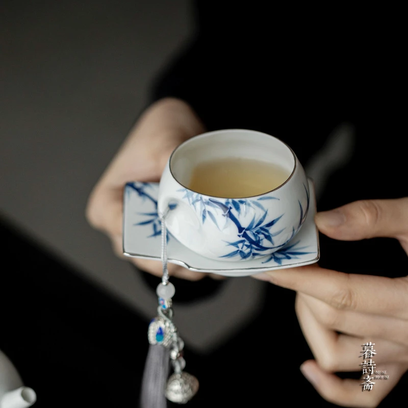暮诗斋手绘青花竹子陶瓷茶杯主人杯女士精致单杯中式品茗杯套杯