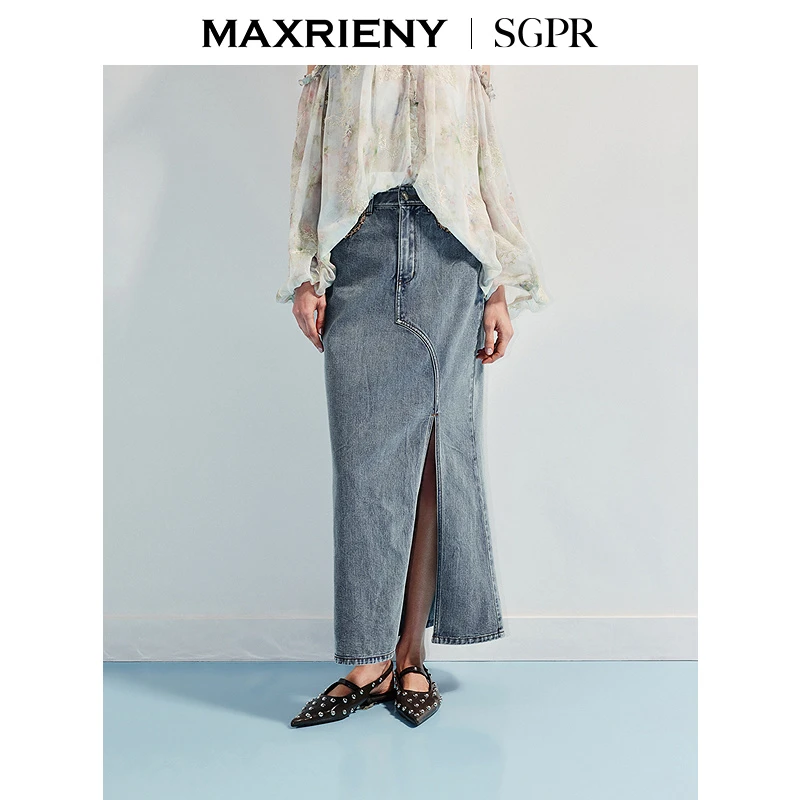 MAXRIENY【商场同款】精致日常感收腰开叉牛仔长半裙25秋款纯棉裙