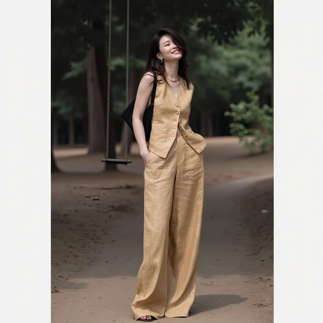 时尚亚麻套装女2025夏季气质高级感棉麻西装马甲上衣阔腿裤两件套