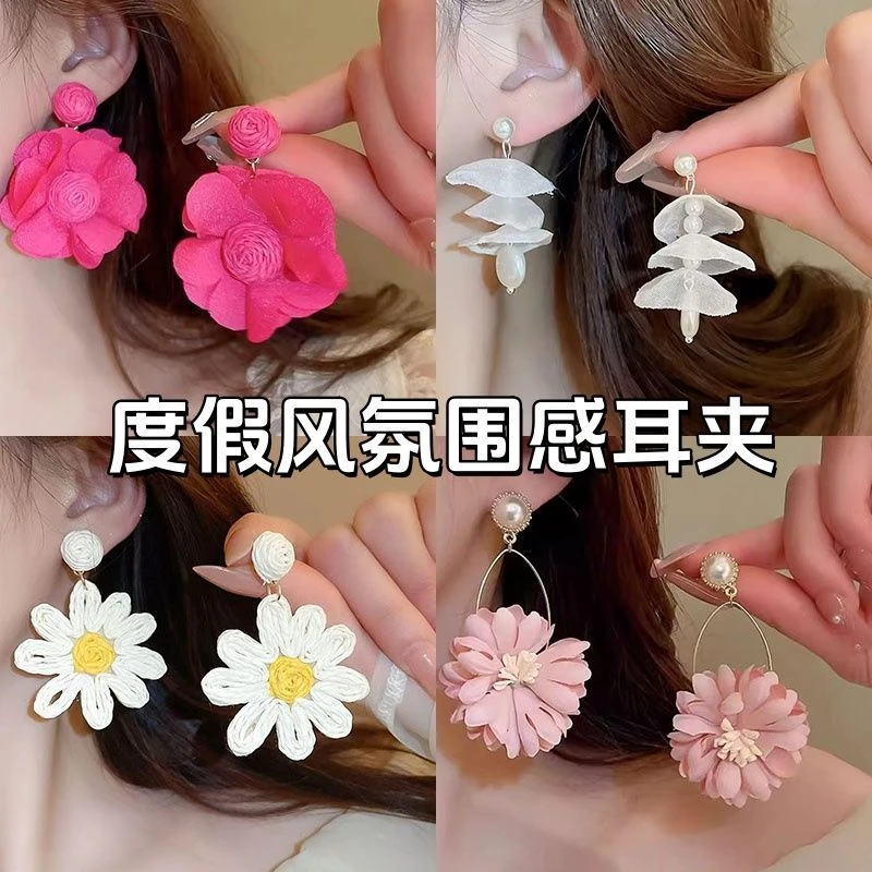 超仙玫红色花朵耳环高级感多巴胺气质夸张耳饰海边度假风无痛耳夹