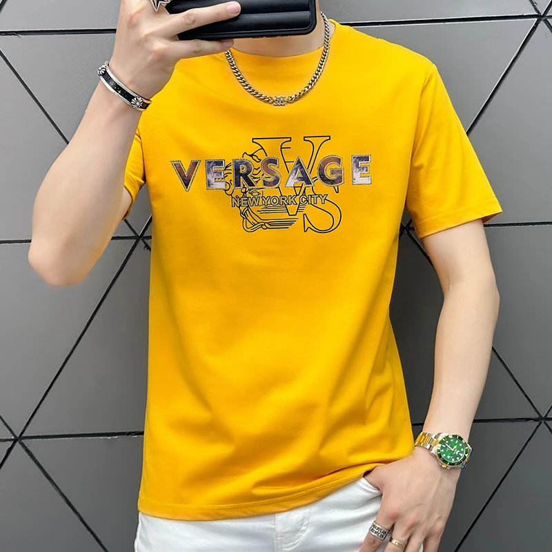 2025夏季新款轻奢印花修身t恤男士冰感短袖潮流圆领半袖潮流帅气