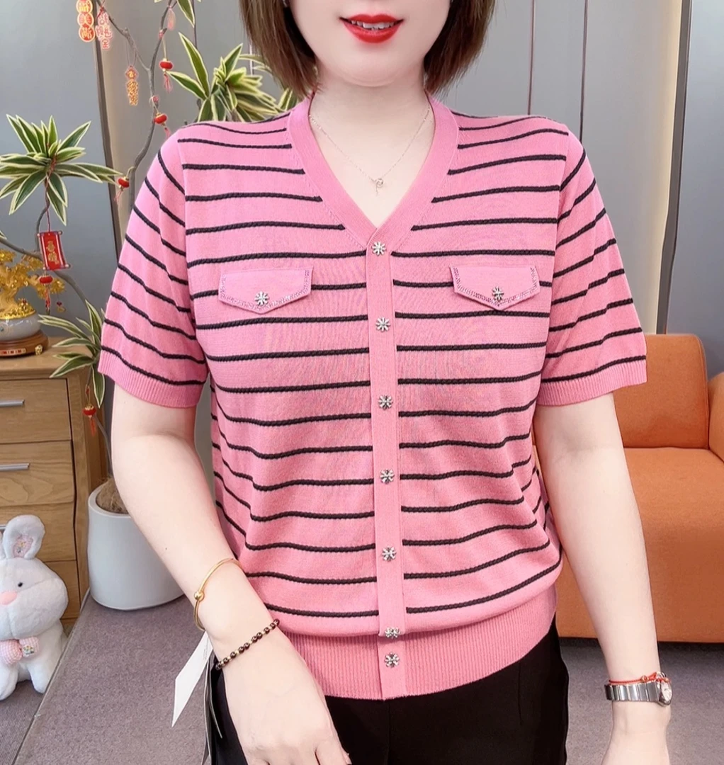 2025夏季新款小香风天丝条纹半袖73609