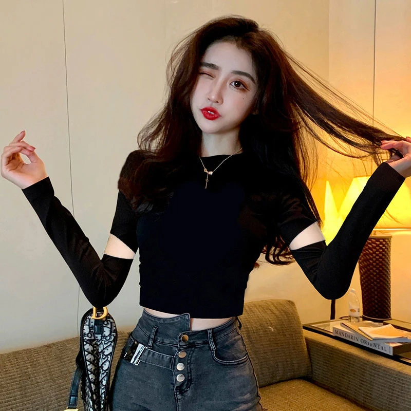 黑色镂空短款长袖打底衫女内搭设计感小众洋气百搭上衣早秋新款潮