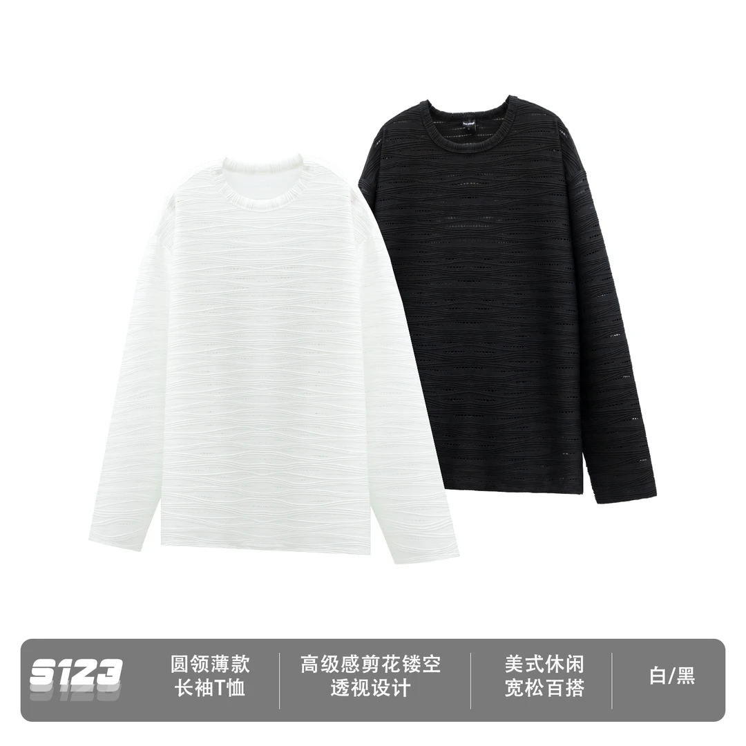 S123【镂空剪花】夏季25SS新品 美式复古薄款长袖T恤宽松慵懒上衣