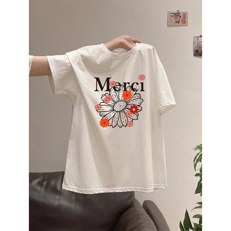彩色小雏菊印花纯棉t恤女2025夏装新款韩版宽松显瘦百搭纯棉短袖
