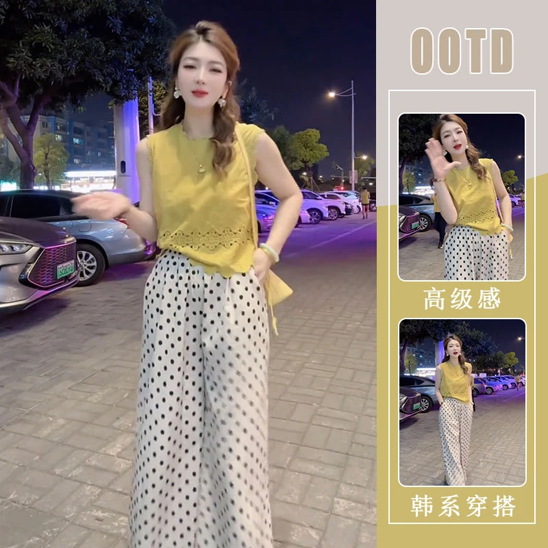 韩版镂空蕾丝花边无袖背心上衣2025夏新款洋气宽松波点休闲裤套装