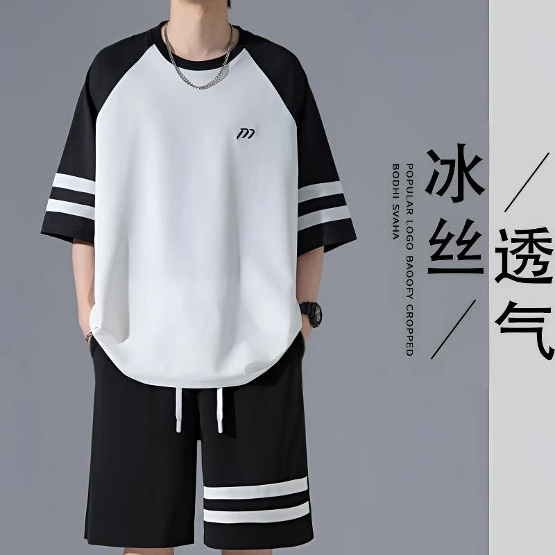 2025新款华夫格冰丝短袖套装青少年男装帅气潮流夏季男士宽松一套